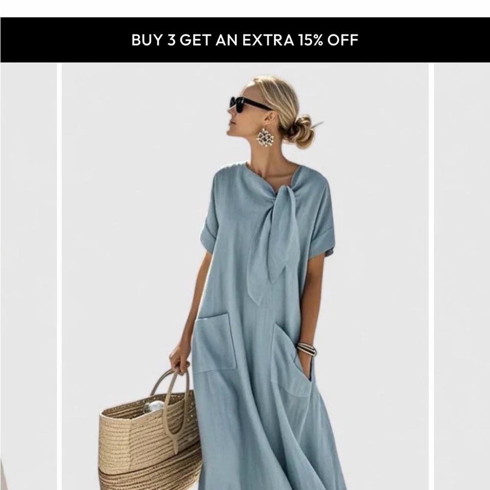 Tie-Neck Light Blue Maxi Dress with Pockets
